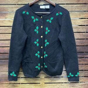 Blair Boutique Black Cardigan Sweater with Holly Embroidery